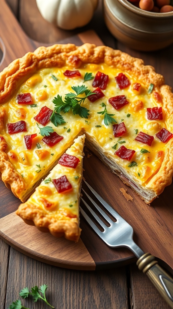 Classic Quiche Lorraine Recipe A golden-brown quiche Lorraine with bacon and cheese, garnished with herbs on a wooden board.